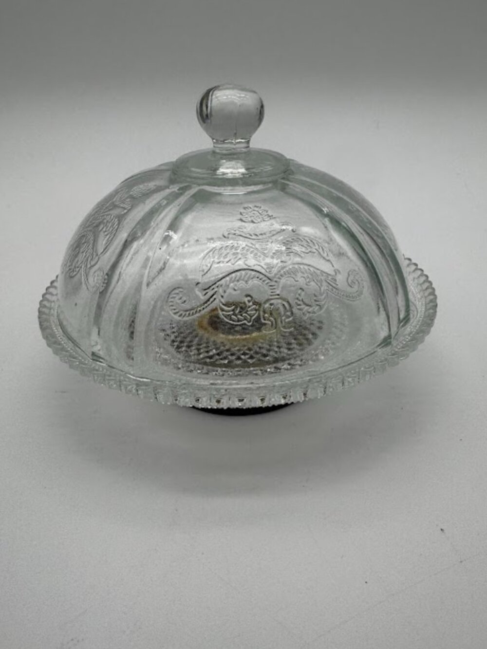 Vintage Pressed Glass Cloche Dome Butter Cheese Dish Silverplate Pedestal Plate